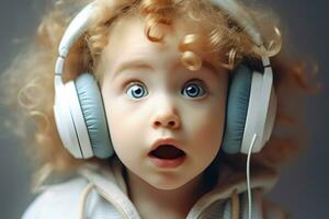 AI generated A Cute kid wearing a wireless headphone. Generative Ai. photo