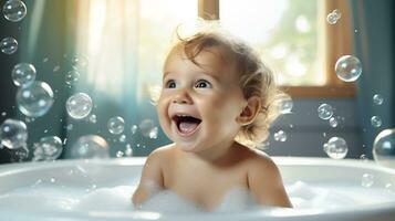 AI generated A happy baby laughing in the bathtub. Generative Ai. photo