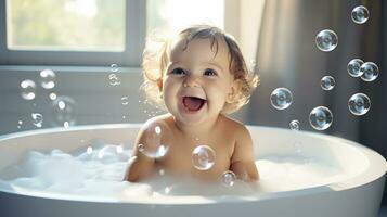 ai generado un contento bebé riendo en el bañera. generativo ai. foto