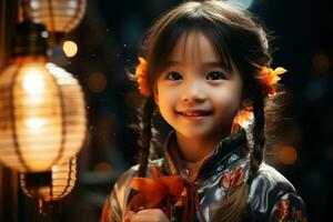ai generado un linda chino niña vistiendo tradicional ropa participación un linterna en lunar nuevo año. generativo ai. foto