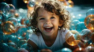 ai generado contento niño jugando en nadando piscina durante verano vacaciones. generativo ai. foto