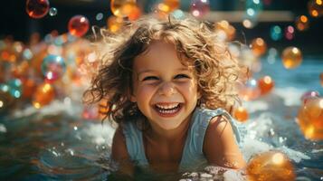 ai generado contento niño jugando en nadando piscina durante verano vacaciones. generativo ai. foto