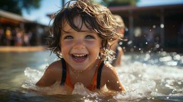 ai generado contento niño jugando en nadando piscina durante verano vacaciones. generativo ai. foto