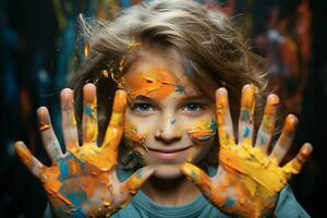 AI generated Funny child girl draws laughing shows hands dirty with color paint. Generative Ai. photo