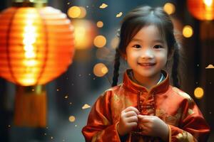 AI generated A cute Chinese girl wearing traditional clothes holding a lantern on Lunar New Year. Generative Ai. photo