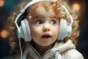 AI generated A Cute kid wearing a wireless headphone. Generative Ai. photo