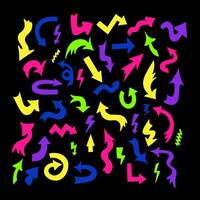 Big set of neon colored flat hand drawn arrows. Different type of direction signs isolated on black background. Good for social media graphics, stickers, icons, background, pattern vector