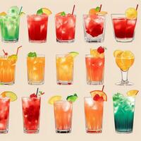 AI generated Cocktail Mocktail Drinks Collection Illustration Water Color Simple Background photo