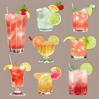 AI generated Cocktail Mocktail Drinks Collection Illustration Water Color Simple Background photo