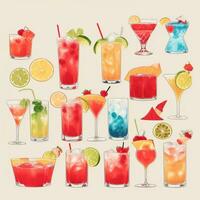 AI generated Cocktail Mocktail Drinks Collection Illustration Water Color Simple Background photo