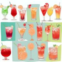 AI generated Cocktail Mocktail Drinks Collection Illustration Water Color Simple Background photo