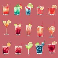 AI generated Cocktail Mocktail Drinks Collection Illustration Water Color Simple Background photo