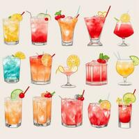 AI generated Cocktail Mocktail Drinks Collection Illustration Water Color Simple Background photo