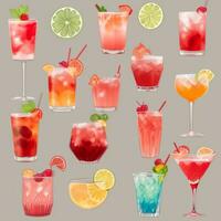 AI generated Cocktail Mocktail Drinks Collection Illustration Water Color Simple Background photo