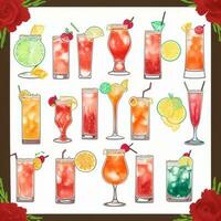 AI generated Cocktail Mocktail Drinks Collection Illustration Water Color Simple Background photo