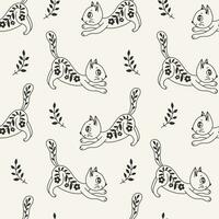 Playful kitten with floral ornament seamless pattern in doodle style vector