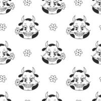 Funny Cow with flowers seamless pattern in doodle style vector