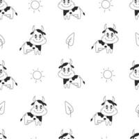 Cow grazing in the meadow seamless pattern in doodle style vector