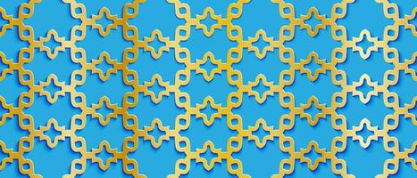 Background with arabic rich pattern. Texture of golden islamic ornament with shadow on a blue background. Vector illustration.