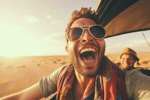 AI generated Joyful Tourist on Group Camel Ride in Desert photo