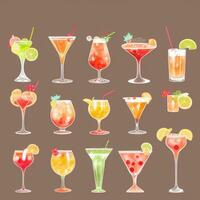 AI generated Cocktail Mocktail Drinks Collection Illustration Water Color Simple Background photo