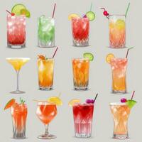 AI generated Cocktail Mocktail Drinks Collection Illustration Water Color Simple Background photo