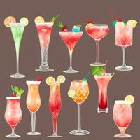 AI generated Cocktail Mocktail Drinks Collection Illustration Water Color Simple Background photo