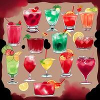 AI generated Cocktail Mocktail Drinks Collection Illustration Water Color Simple Background photo