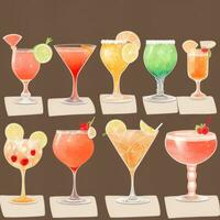 AI generated Cocktail Mocktail Drinks Collection Illustration Water Color Simple Background photo