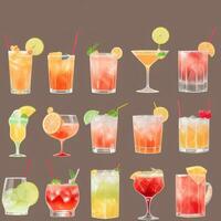 AI generated Cocktail Mocktail Drinks Collection Illustration Water Color Simple Background photo