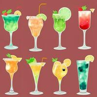 AI generated Cocktail Mocktail Drinks Collection Illustration Water Color Simple Background photo