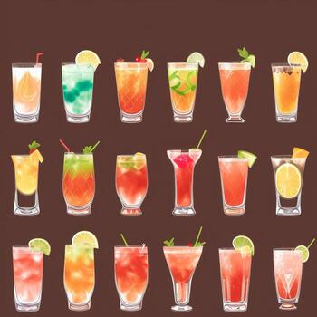 AI generated Cocktail Mocktail Drinks Collection Illustration Water Color Simple Background photo
