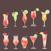 AI generated Cocktail Mocktail Drinks Collection Illustration Water Color Simple Background photo