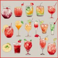 AI generated Cocktail Mocktail Drinks Collection Illustration Water Color Simple Background photo