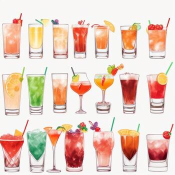 AI generated Cocktail Mocktail Drinks Collection Illustration Water Color Simple Background photo