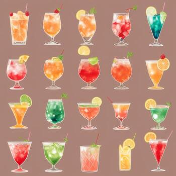 AI generated Cocktail Mocktail Drinks Collection Illustration Water Color Simple Background photo