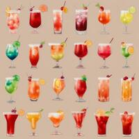 AI generated Cocktail Mocktail Drinks Collection Illustration Water Color Simple Background photo