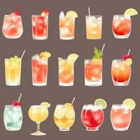 AI generated Cocktail Mocktail Drinks Collection Illustration Water Color Simple Background photo