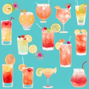 AI generated Cocktail Mocktail Drinks Collection Illustration Water Color Simple Background photo