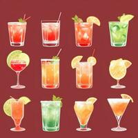 AI generated Cocktail Mocktail Drinks Collection Illustration Water Color Simple Background photo