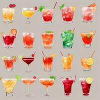 AI generated Cocktail Mocktail Drinks Collection Illustration Water Color Simple Background photo