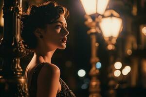 AI generated woman in a vintage dress standing in the soft glow of a streetlamp at night photo