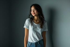 AI generated A casual girl in denim and a white tee standing against a seamless gray background photo