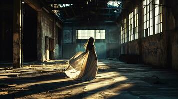 AI generated shot of a woman walking through an abandoned industrial space photo