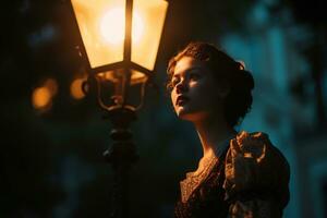 AI generated woman in a vintage dress standing in the soft glow of a streetlamp at night photo