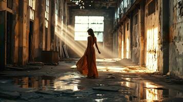 AI generated shot of a woman walking through an abandoned industrial space photo