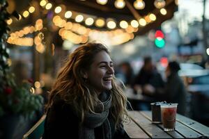 AI generated a girl laughing while engaged in conversation at a sidewalk cafe photo