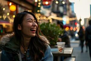 AI generated a girl laughing while engaged in conversation at a sidewalk cafe photo