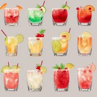 AI generated Cocktail Mocktail Drinks Collection Illustration Water Color Simple Background photo