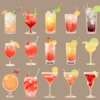 AI generated Cocktail Mocktail Drinks Collection Illustration Water Color Simple Background photo